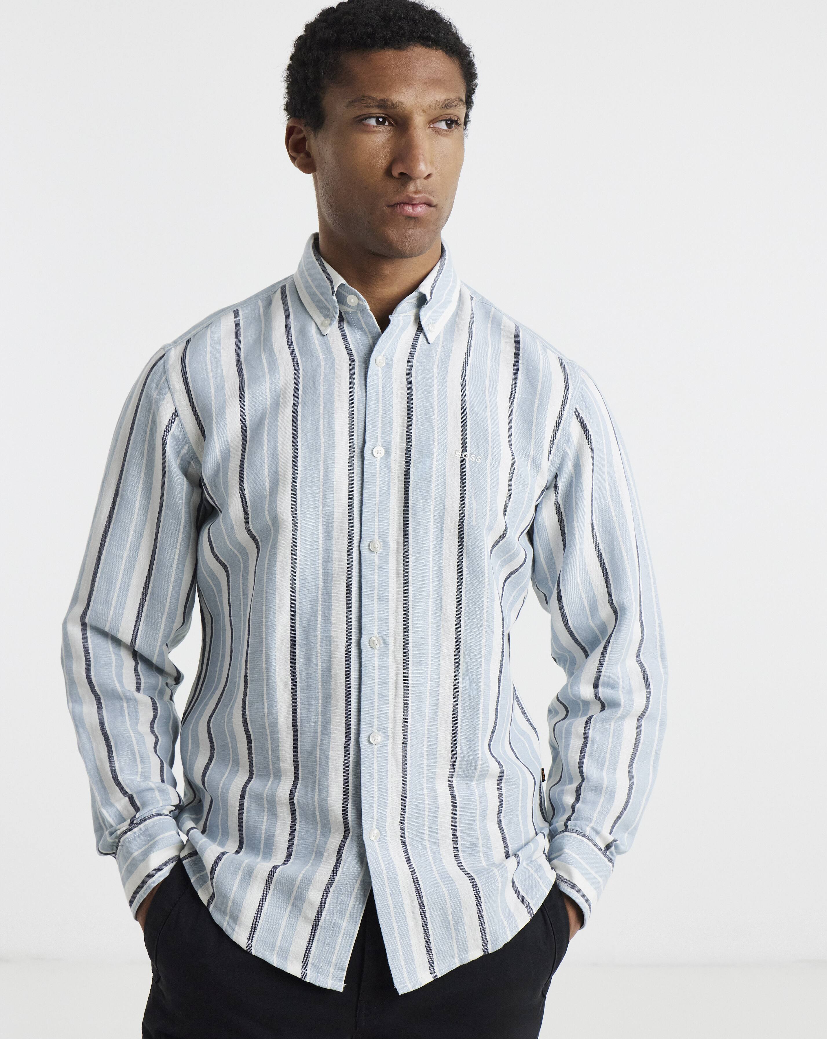 BOSS Linen Mix Stripe Shirt - Light Blue