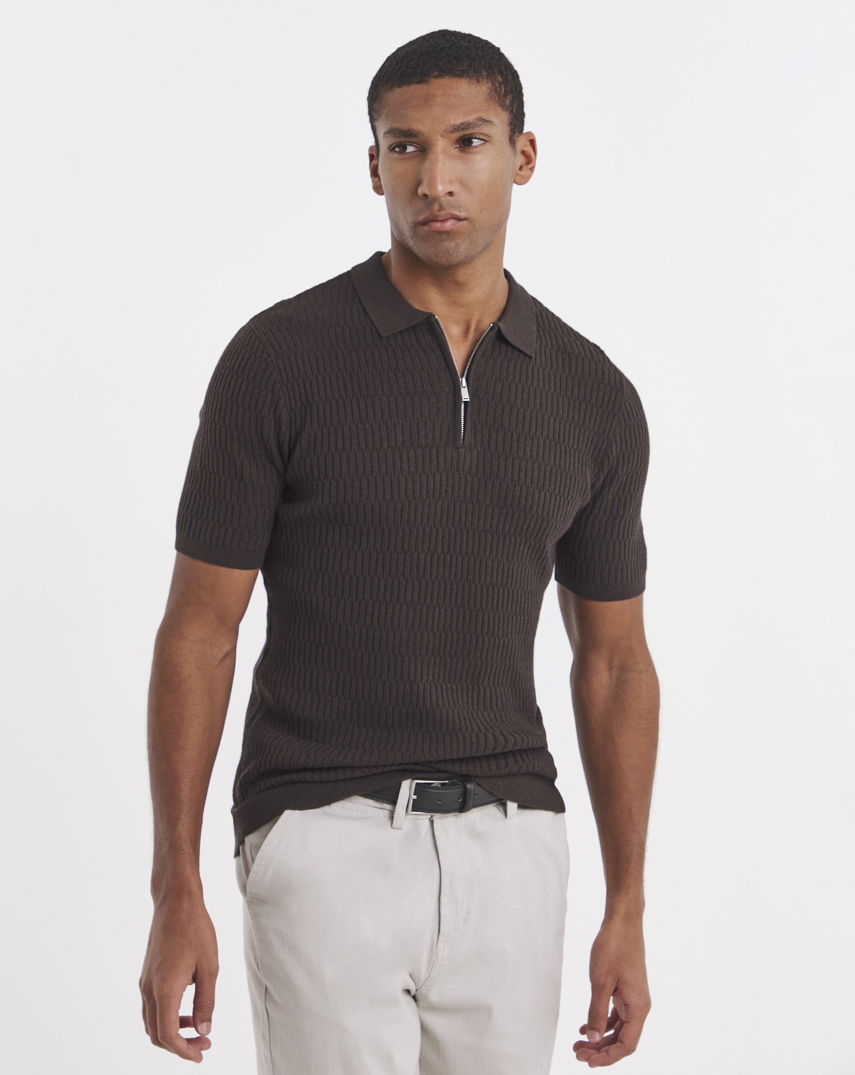 Textured Knitted Zip Neck Polo