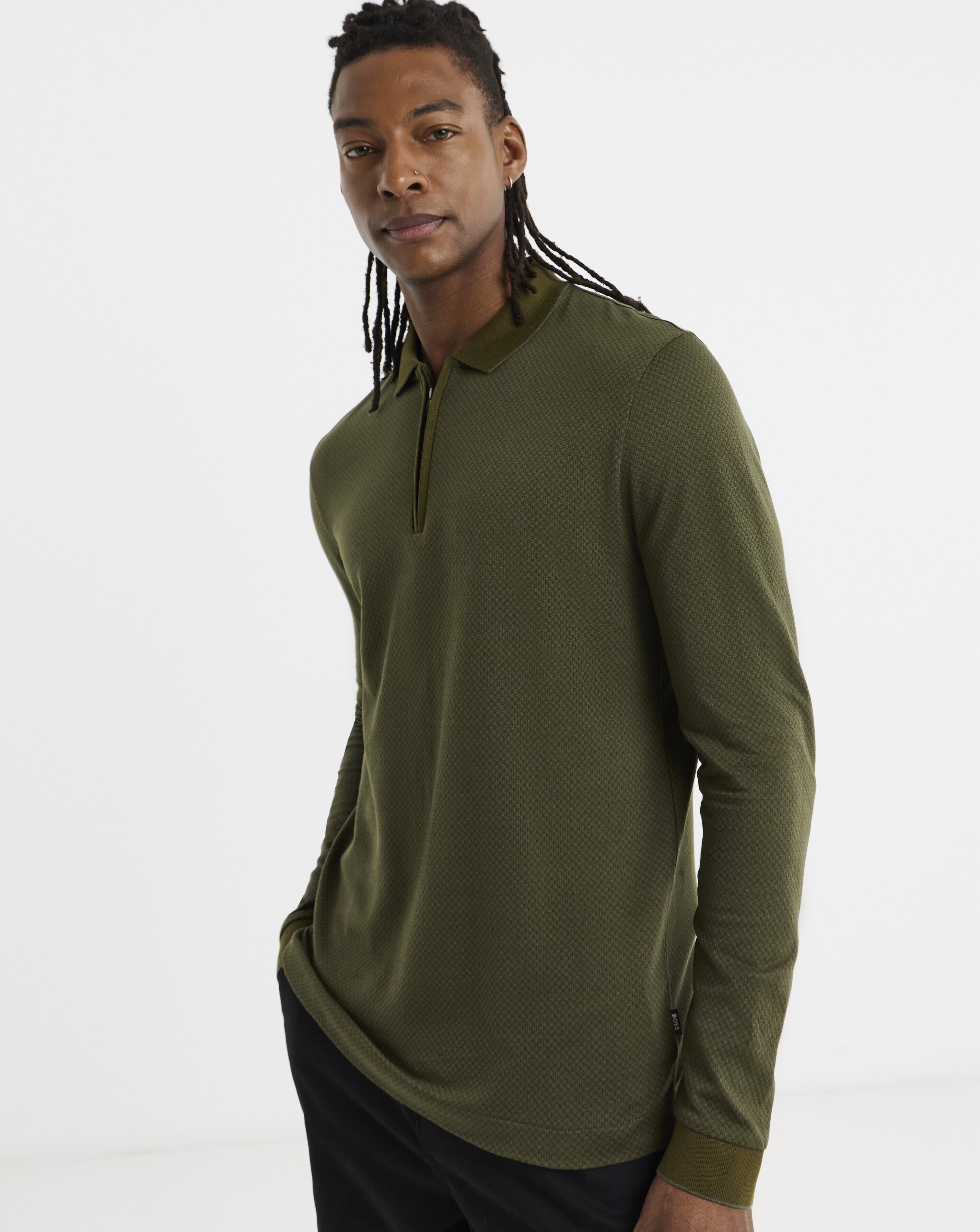 BOSS Long Sleeve Zip Polo - Dark Green