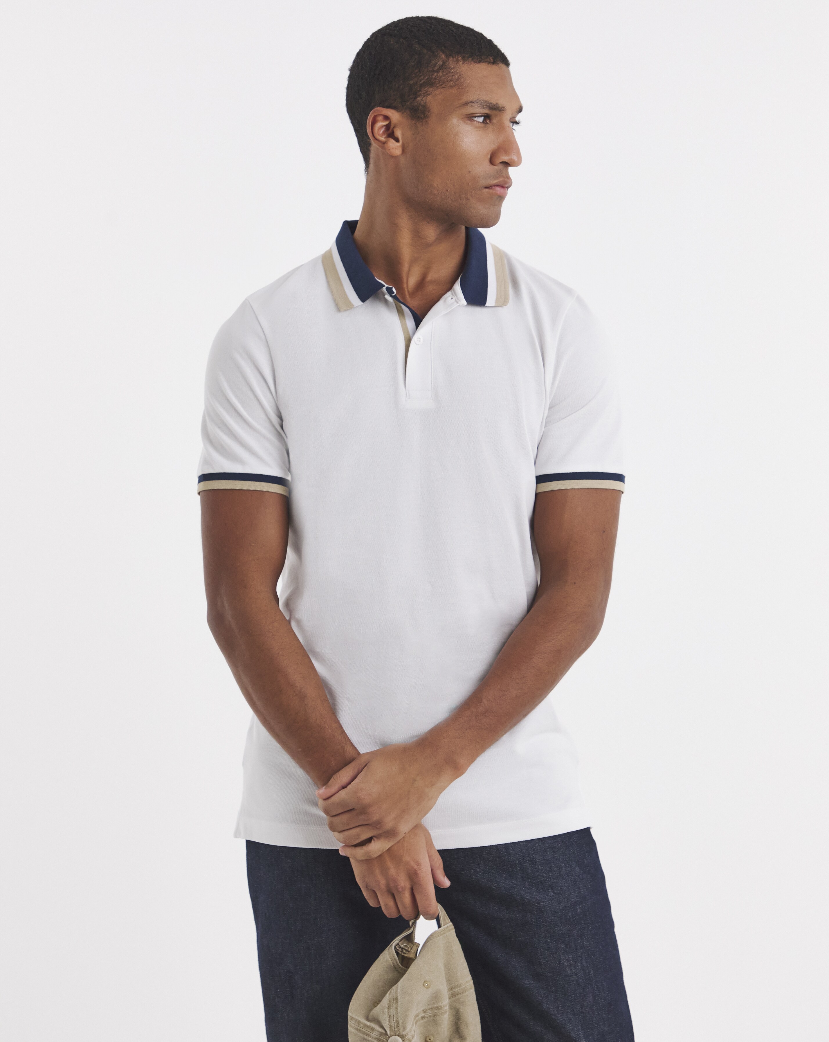 Tipped Pique Polo Long- White