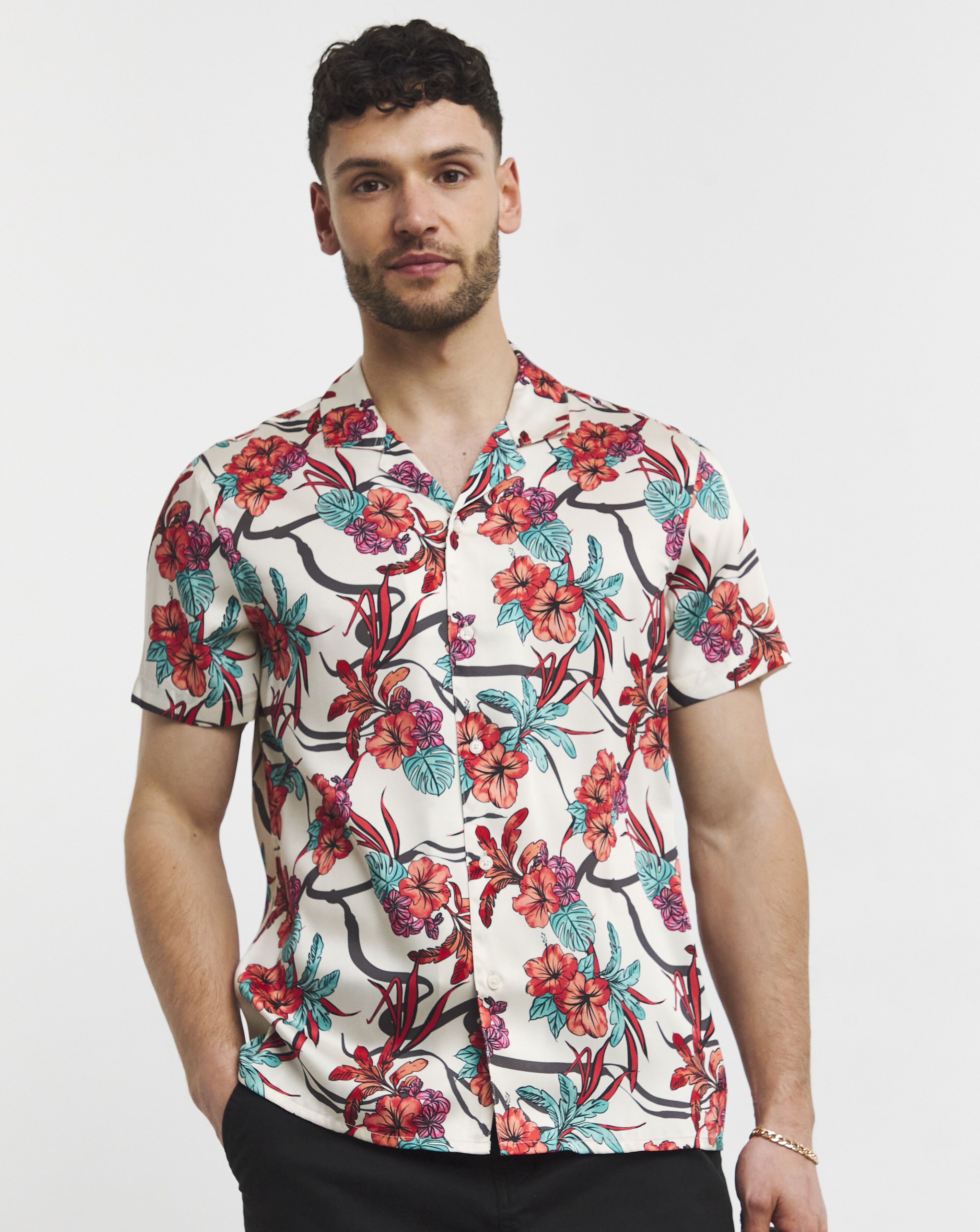 Coral Floral Print Cuban Collar Shirt