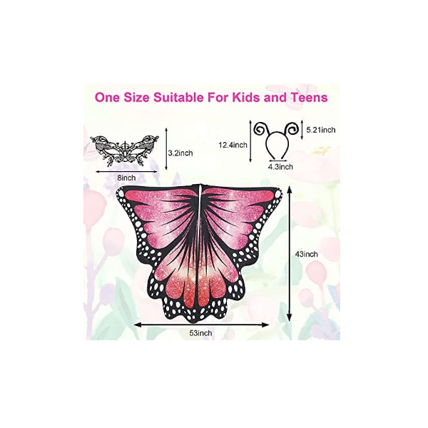 Polilla Morada Beelittle Traje de alas de Mariposa Juego de Disfraces de 3 Piezas Conjunto de alas de Mariposa Mantón de Cabo con Diadema de Antena y máscara para niñas niños 