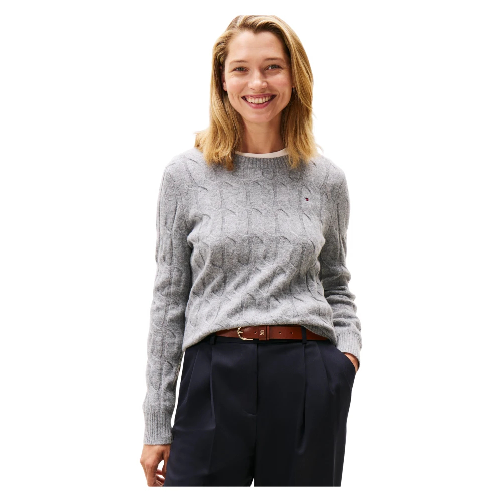 Tommy Hilfiger Damen Grau - Pullover Aus Weicher Wolle Mit Zopfmuster Und Rundhalsausschnitt - Knitwear - L