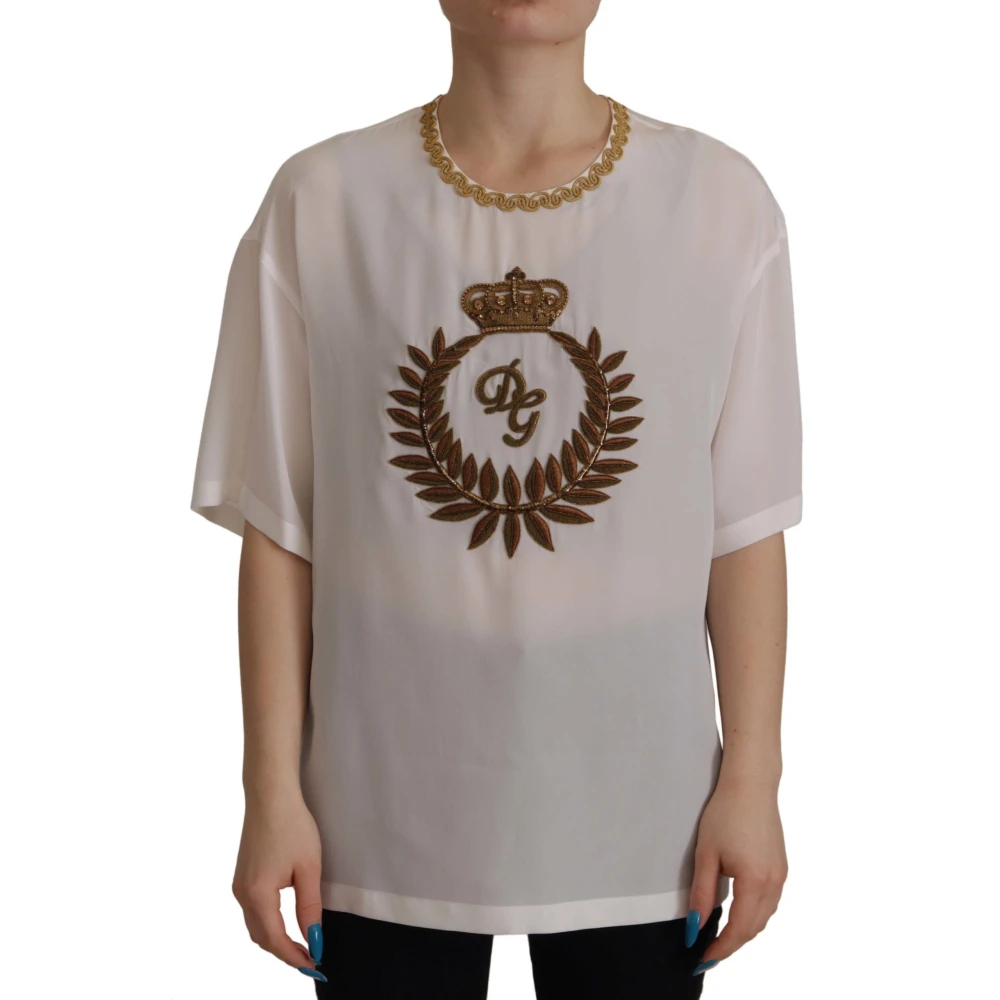 Dolce & Gabbana Damen Weiß - Elegante Seidenbluse Mit Goldkronen-Stickerei - Tops - 2XS