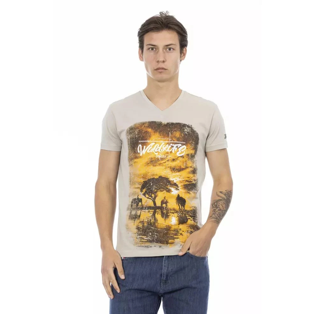 Trussardi Herren Beige - Elegantes V-Ausschnitt T-Shirt Mit Frontprint - Tops - M