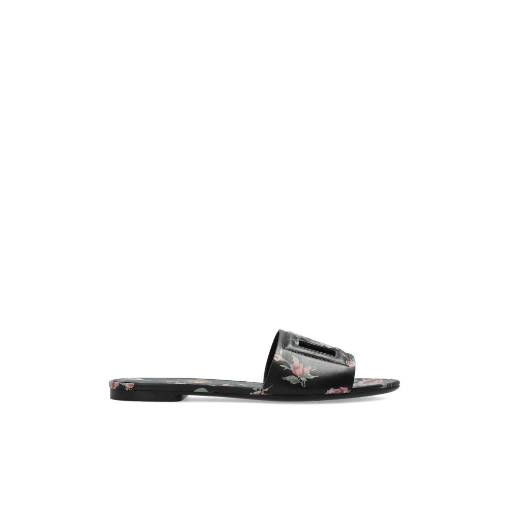 Dolce & Gabbana Damen Schwarz - Flache Slipper Aus Kalbsleder Mit Rosenprint - Shoes - K -36 Eu