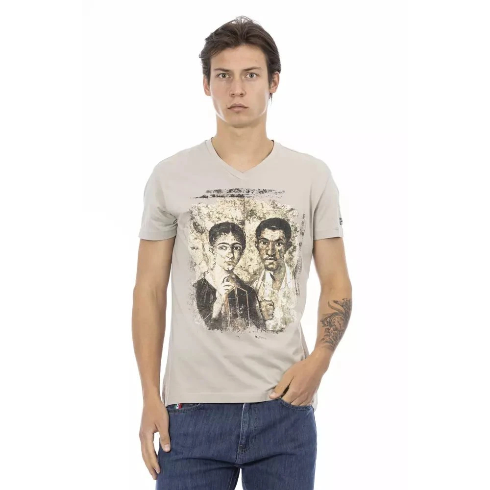 Trussardi Herren Beige - S V-Ausschnitt T-Shirt Mit Frontprint - Tops - S