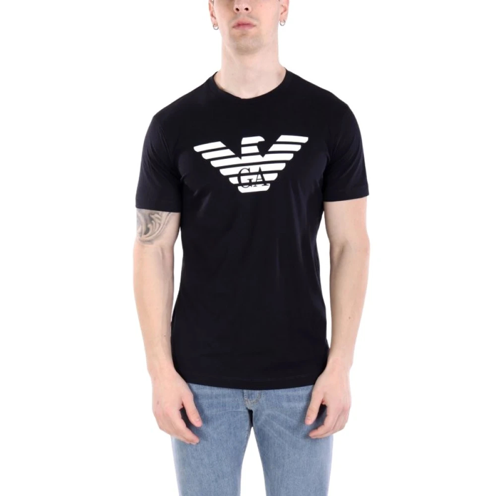 Emporio Armani Herren Blau - Pima-Jersey-T-Shirt Mit Logo-Print - Tops - L