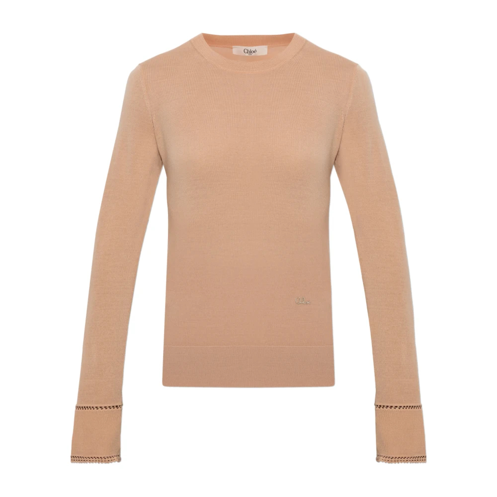 Chloé Damen Beige - Woll-Oberteil Mit Besticktem Logo - Knitwear - Xs