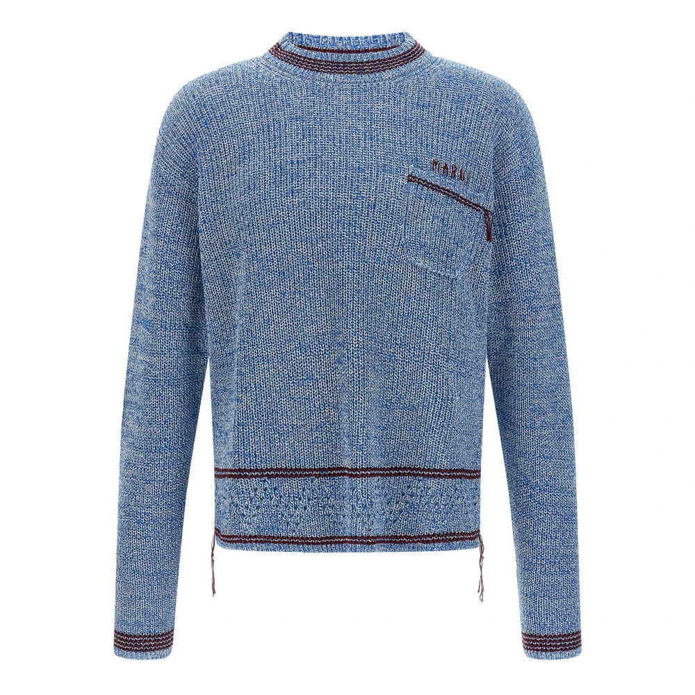 Marni Herren Blau - Mouliné Baumwollpullover Mit Stickerei - Knitwear - Xl