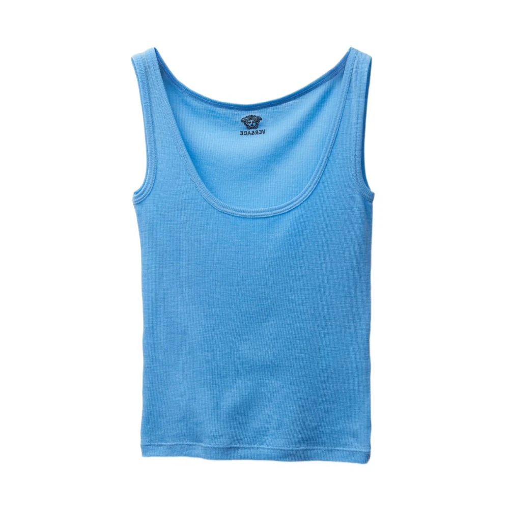 Versace Damen Blau - Rippstrick-Woll-Tanktop Mit Stickerei - Tops - L