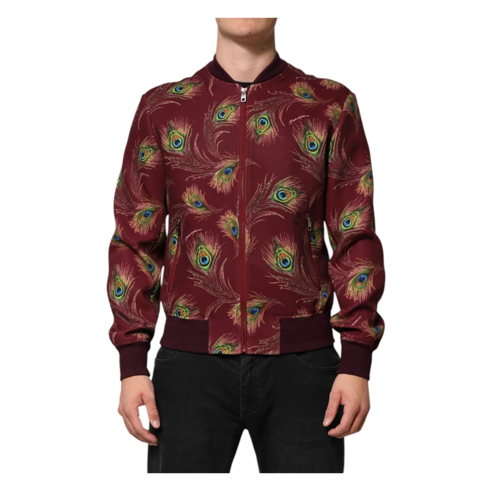 Dolce & Gabbana Herren Multicolor - Maroon Peacock Feather Print Bomber Jacket - Jackets - Mehrfarbig - M