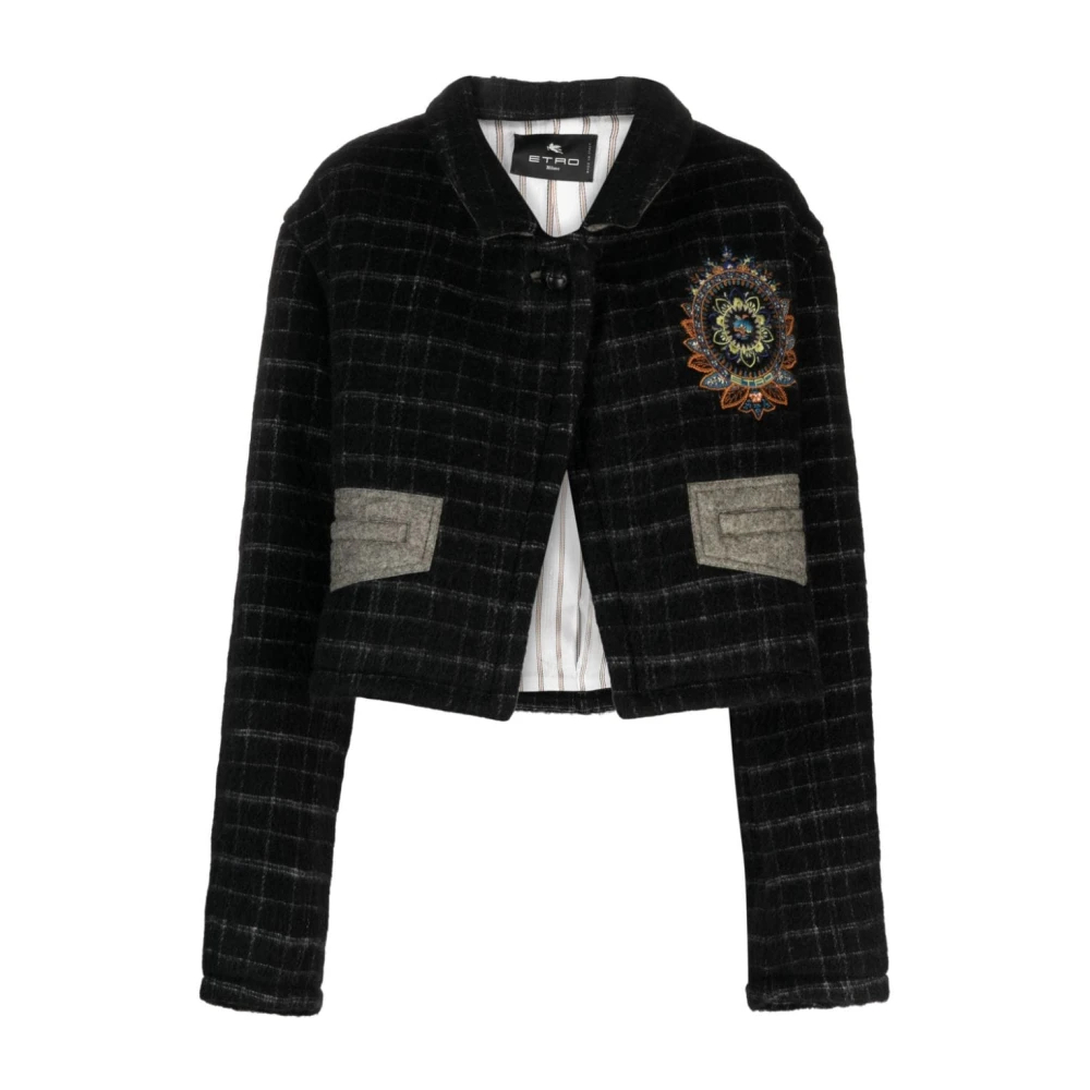 Etro Damen Schwarz - Karierte Jacke Mit Floraler Stickerei - Jackets - K - Xs