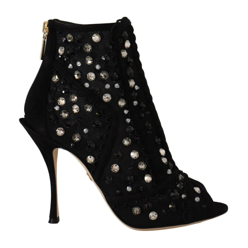 Dolce & Gabbana Damen Schwarz - E Kristall Reißverschluss Kurze Stiefel - Shoes - K - 37 Eu