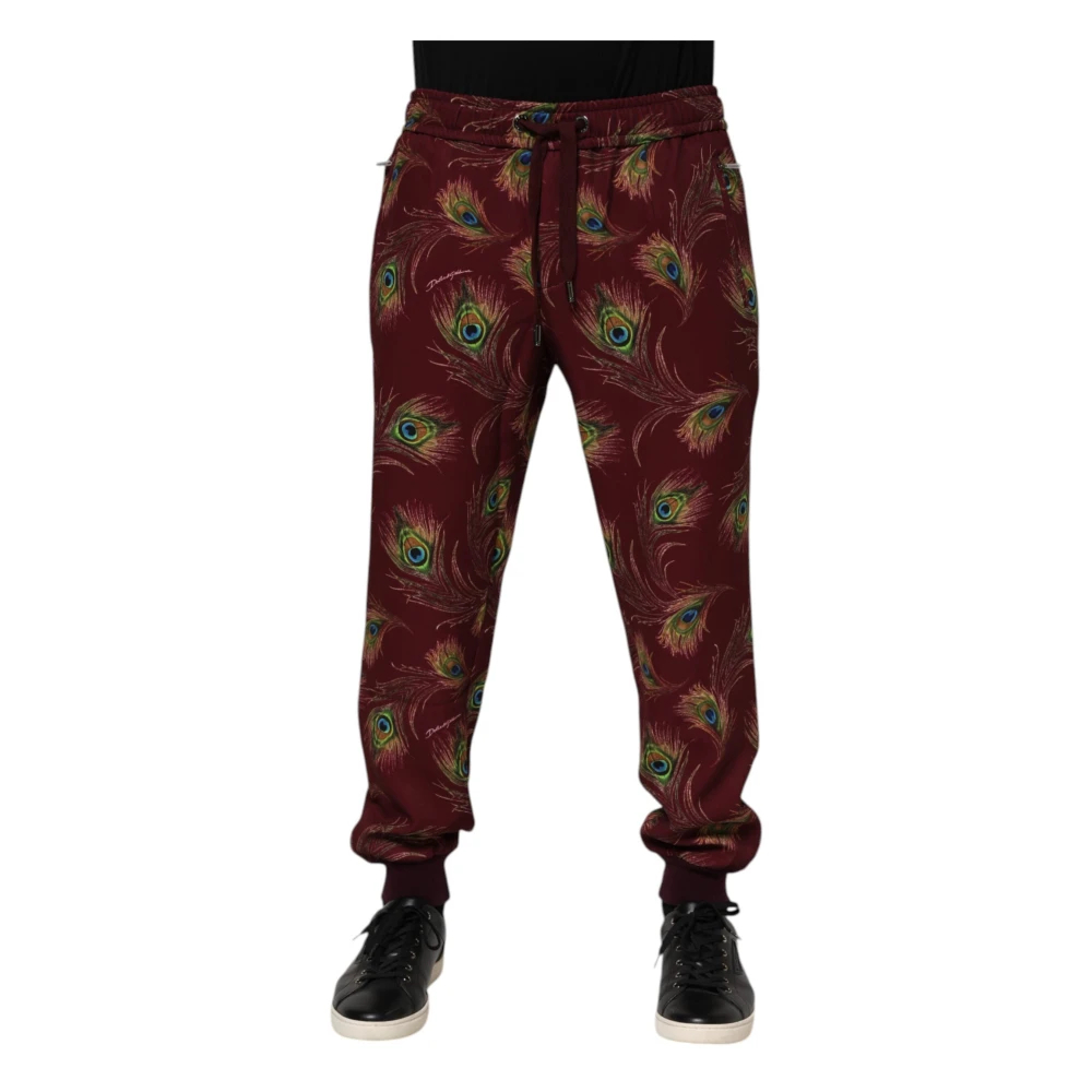 Dolce & Gabbana Herren Braun - Burgundy Peacock Feather Print Jogger Pants - Trousers - L