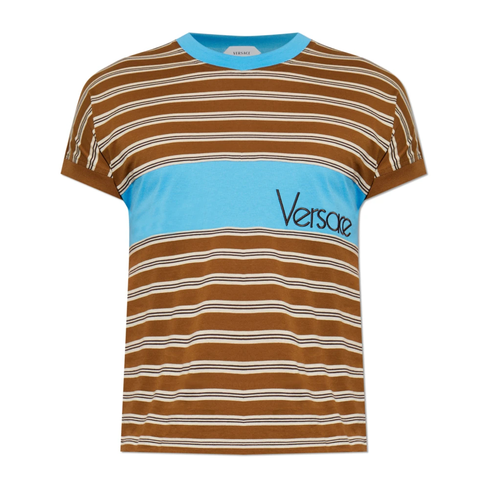 Versace Herren Braun - T-Shirt Aus Baumwolle Mit Streifen-Intarsien Und Sticklogo - Tops - L