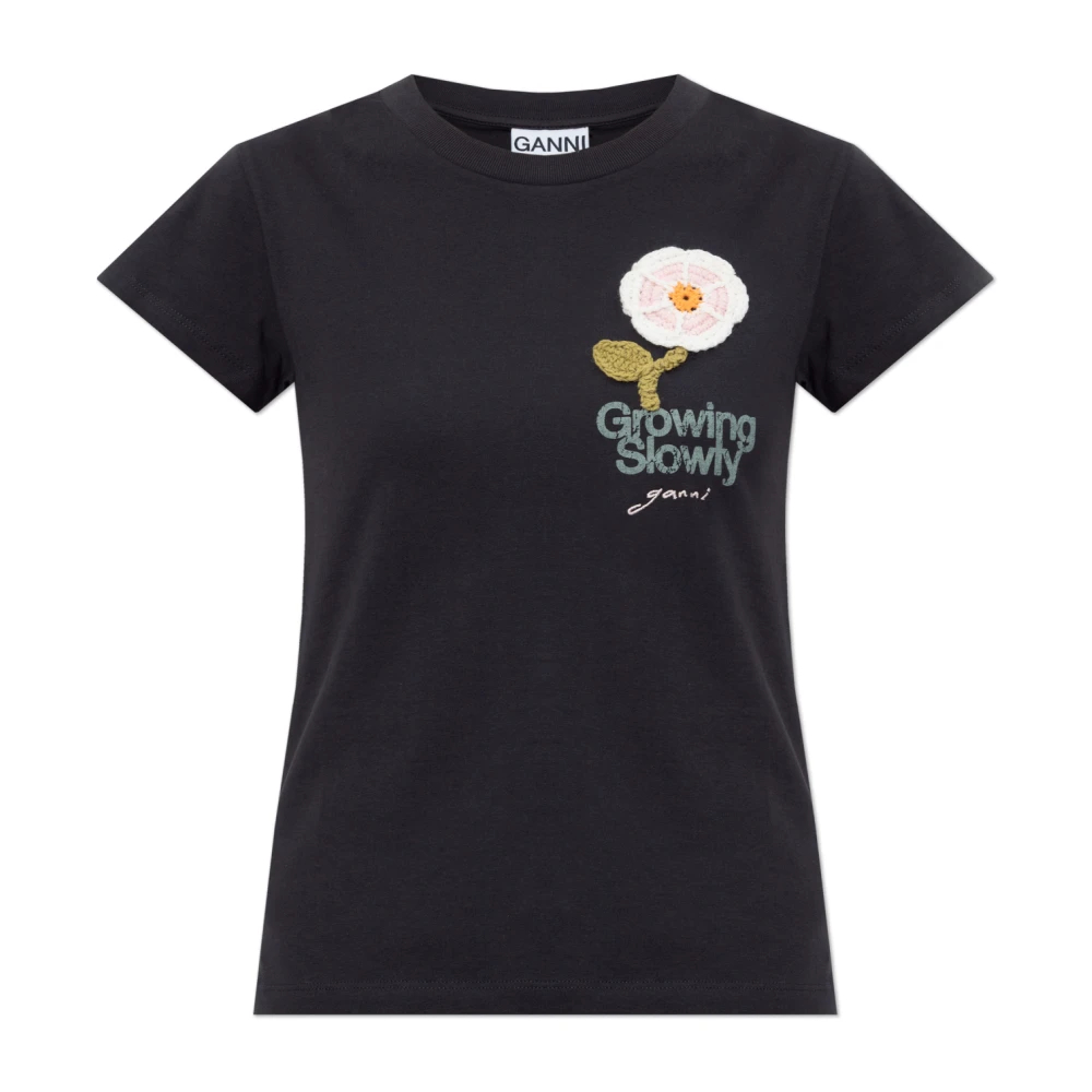 Ganni Damen Schwarz Basic Cotton Jersey Baby Fit Crochet Patch - Bild 5