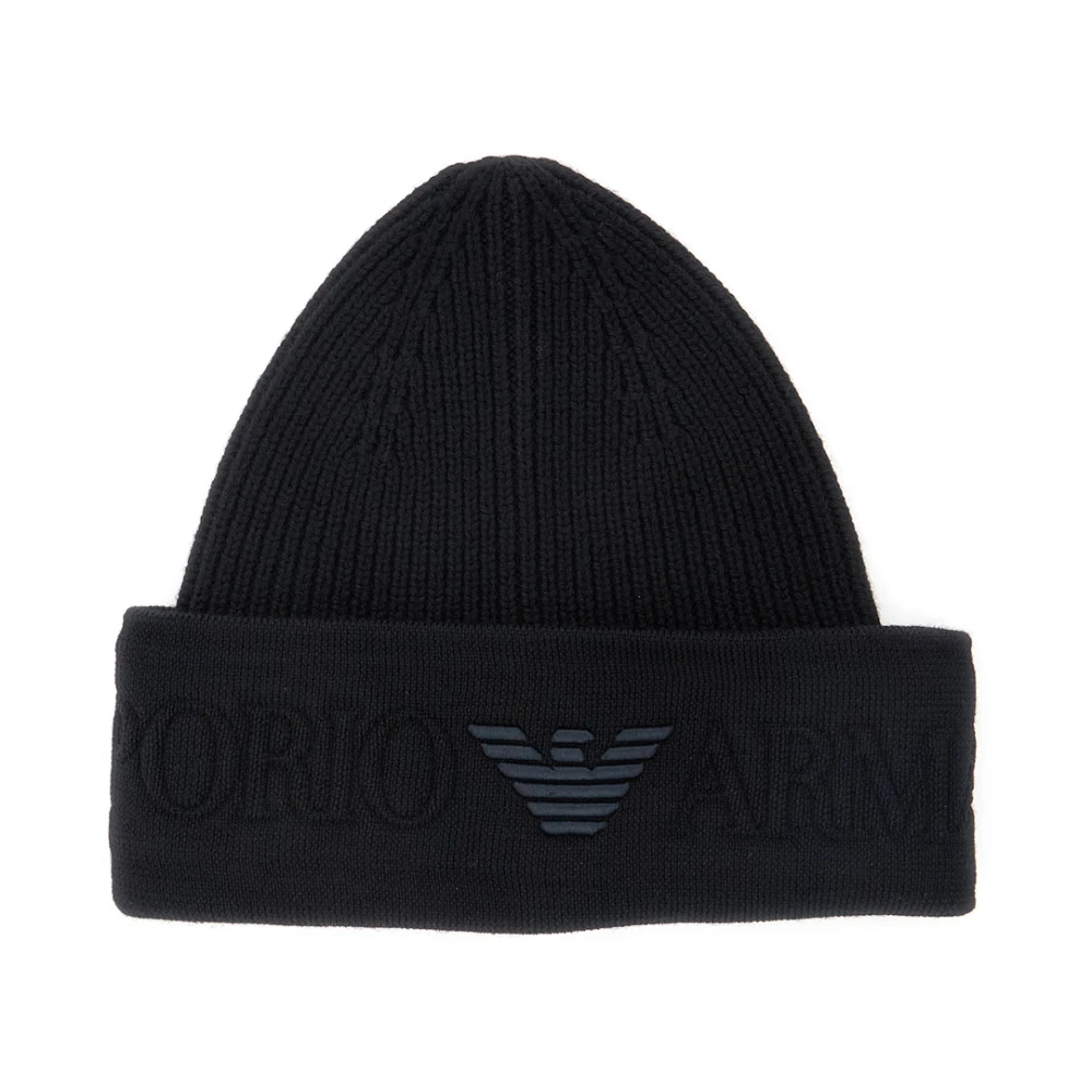 Emporio Armani Herren Schwarz - Wollmütze Mit Logo-Schild - Accessories - K - S