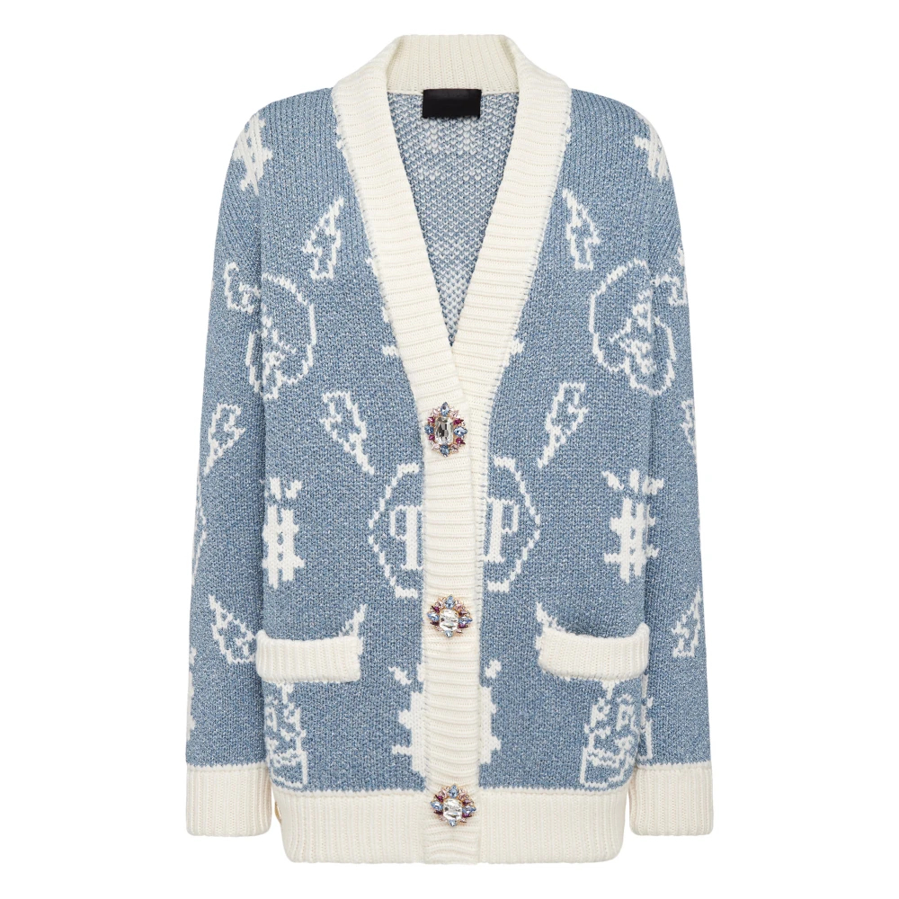 Philipp Plein Damen Blau - Jacquard Cardigan Monogram - Knitwear - L