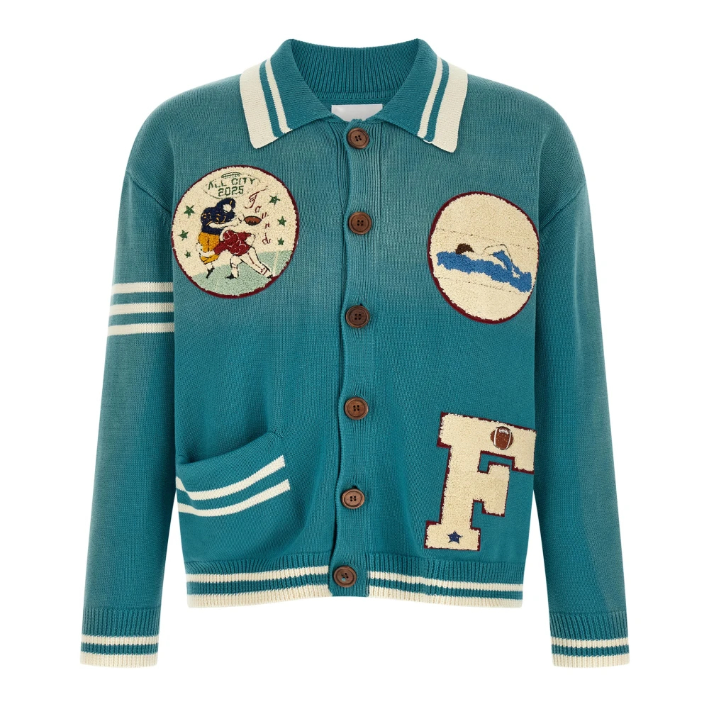 Found Herren Blau - Fin Varsity Patch Cardigan Mit Kragen - Knitwear - M