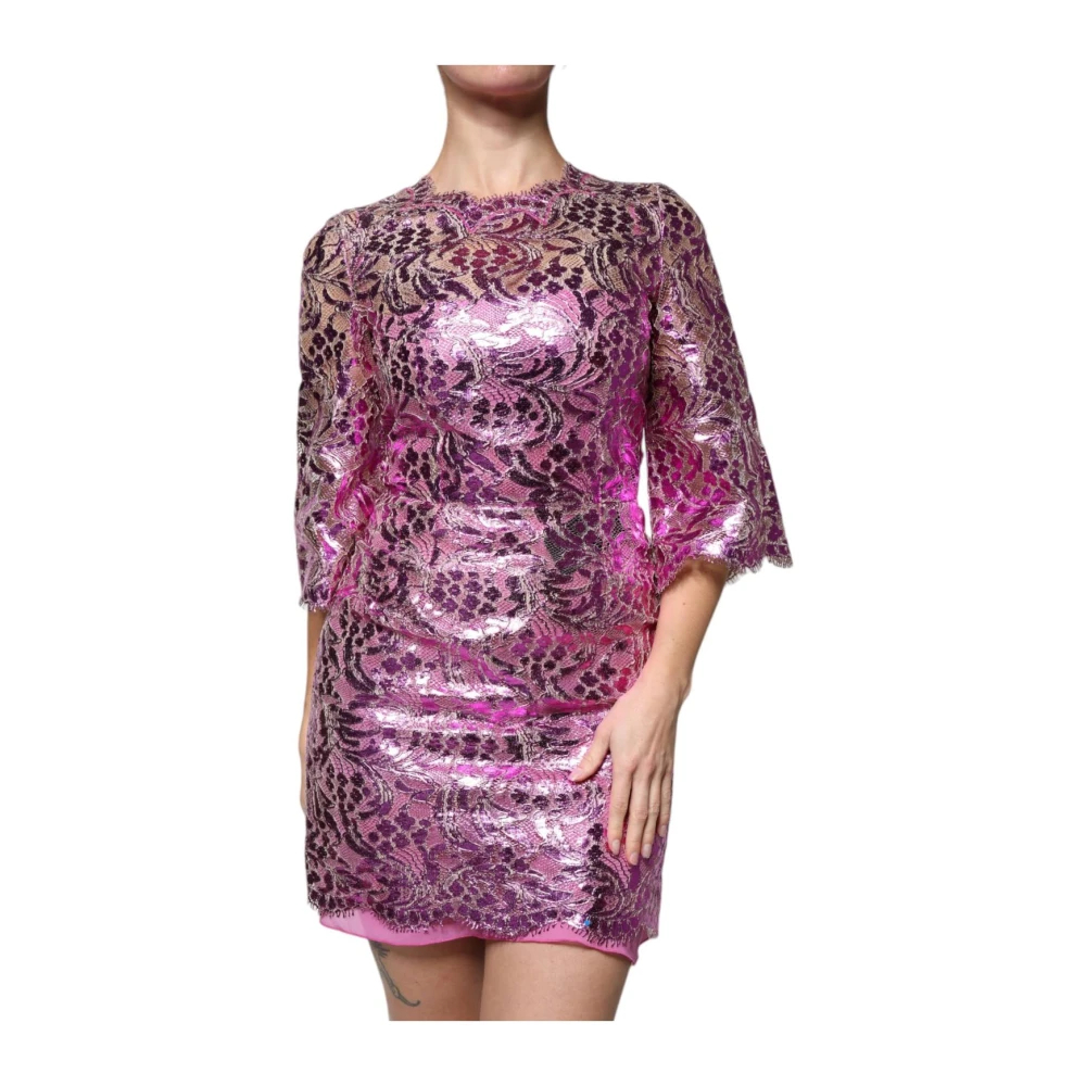 Dolce & Gabbana Damen Rosa - Metallische Spitze Blumen Mini Kleid - Dresses - S