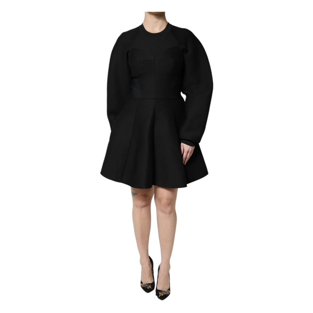 Dolce & Gabbana, Damen, Kleider, Black Cotton Long Sleeves A-line Mini Dress, Schwarz, (XXS) - Bild 4