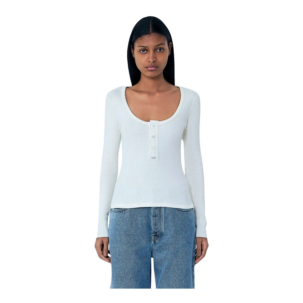 Chloé - Scoop-Neck Henley Shirt - Tops - Damen - Weiß - M - Bild 3
