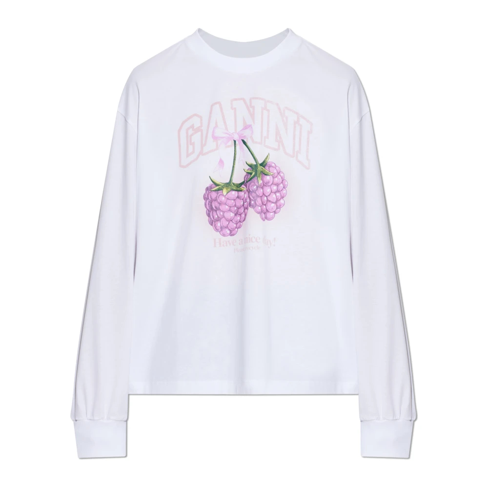 GANNI weiß Langärmeliges T-Shirt mit Himbeeren Bio-Baumwolle - Größe XXS - Bild 3