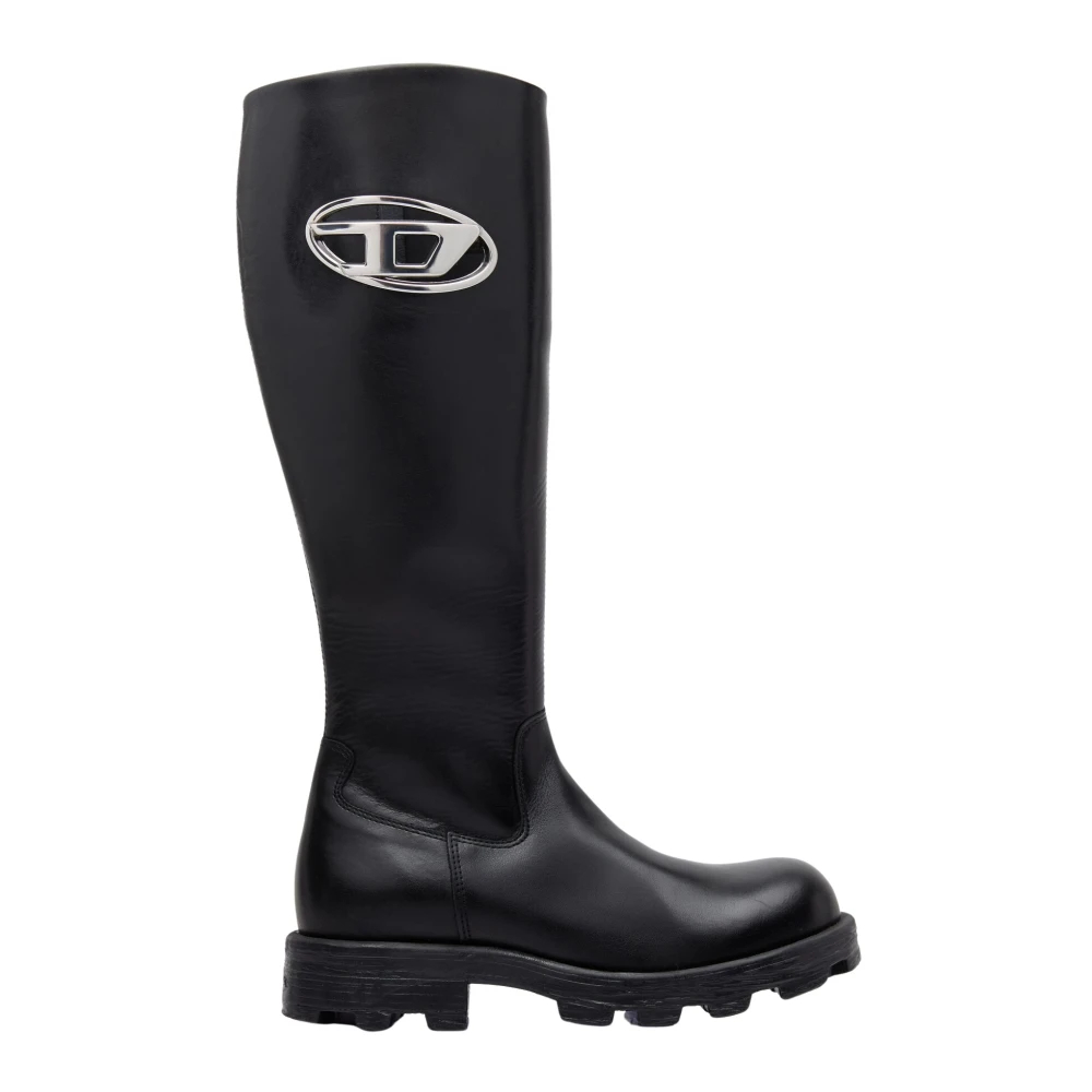 Diesel Damen Schwarz - Glänzende Lederstiefel Mit Logo-Plakette - Shoes - K - 37 Eu
