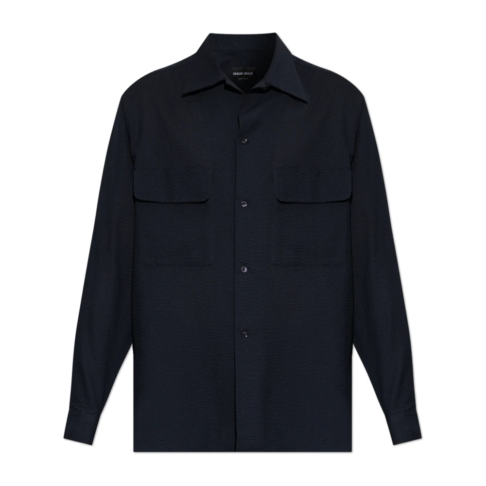 Giorgio Armani Herren Blau - Asv Baumwoll-Seersucker-Hemd Mit Taschen - Shirts - Xl