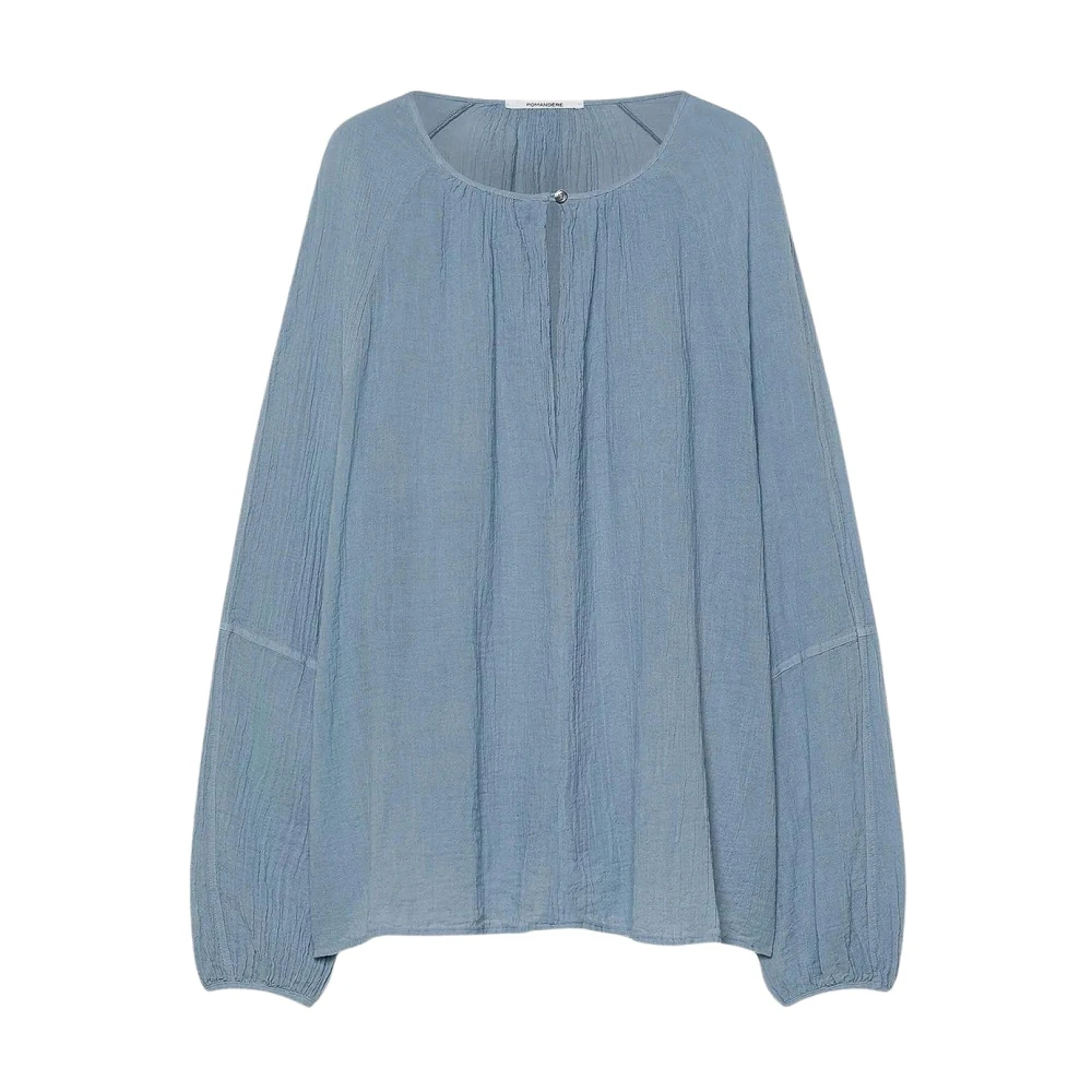 Pomandère Damen Blau - Baumwollgaze-Bluse Mit Gerafftem Ausschnitt - Blouses & Shirts - 2XS