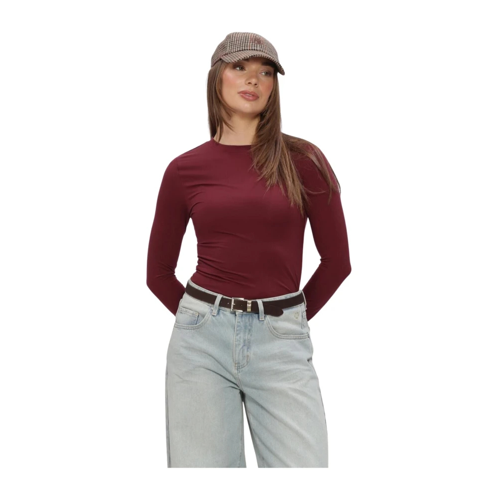Selected Damen Rot Manja Leder Slim Fit Oberteil Mit Rundhalsausschnitt, Langärmelig, Stretch, In - Bild 4