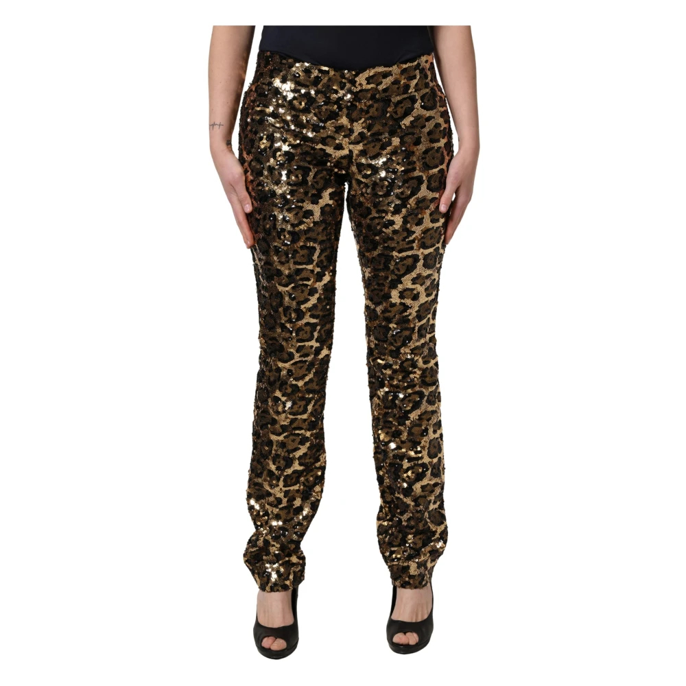 Dolce & Gabbana Damen Gelb - Goldfarbene- Paillettenbesetzte Hose Mit Geradem Bein Und Leopardenmuster - Trousers - L