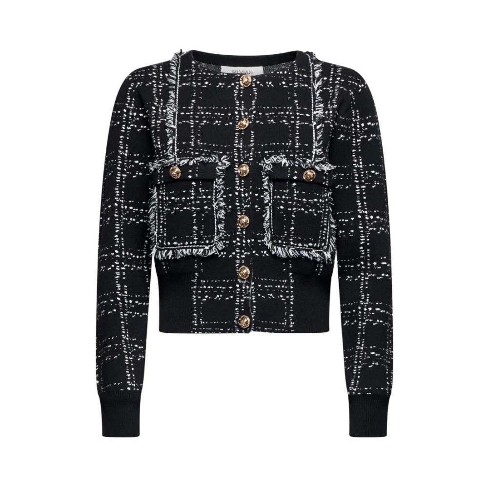 Silvian Heach Damen Schwarz - Kurzarm-Cardigan Mit Tweedmuster - Knitwear - K - 2XS