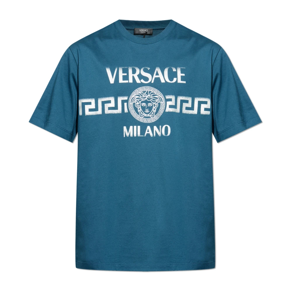 Versace Herren Blau - Bedrucktes Regular-T-Shirt Aus Baumwolljersey - Tops - 3XL
