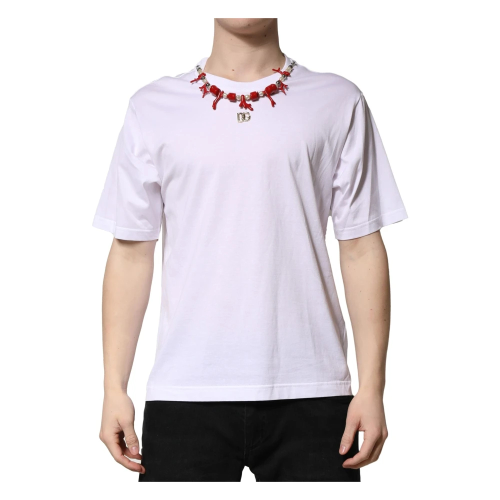 Dolce & Gabbana Herren Weiß - Es Verziertes Baumwoll-Rundhals-T-Shirt - Tops - 4XL