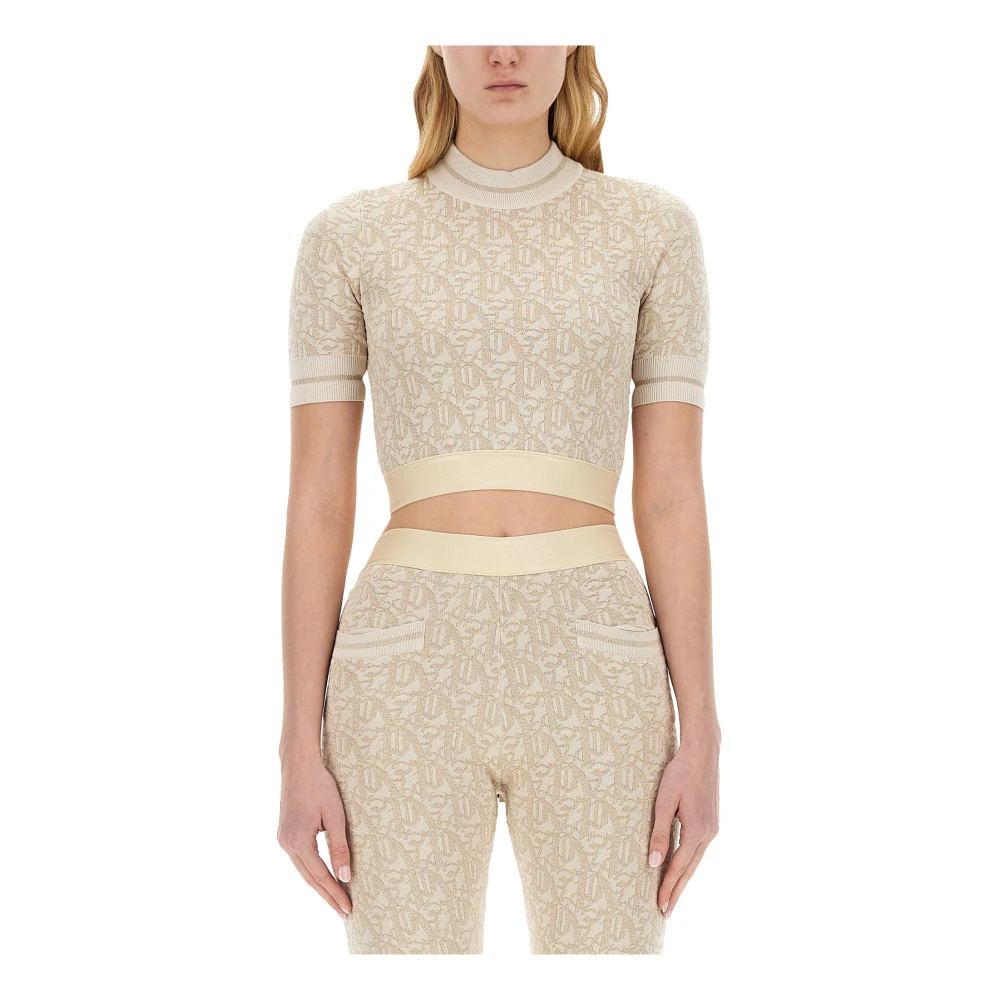 Palm Angels - Monogram Jacquard Strickoberteil Kurzarm - Tops - Damen - Weiß - S