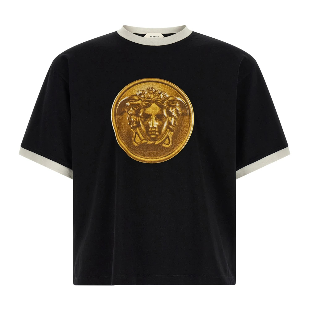 Versace Herren Schwarz - Bedrucktes Baumwoll-Jersey-T-Shirt - Tops - K - S