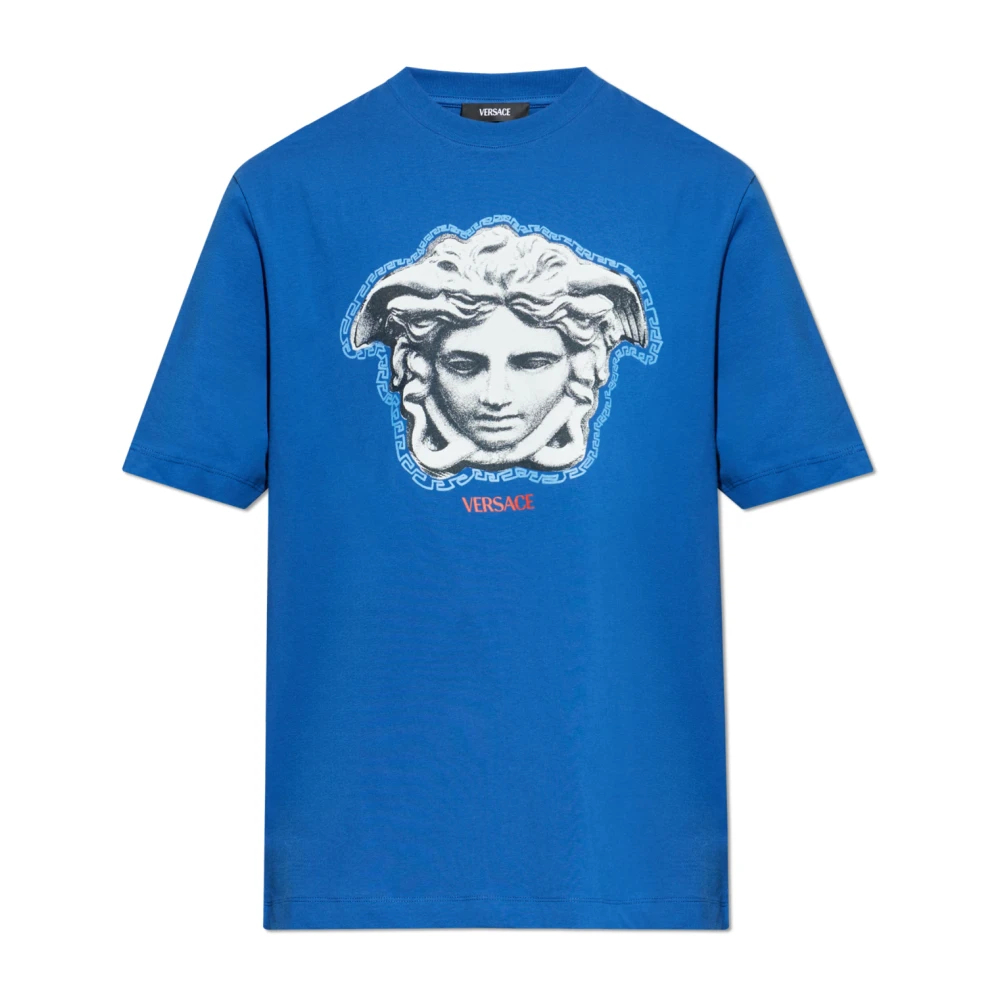 Versace Herren Blau - Bedrucktes Regular-T-Shirt Aus Baumwolljersey - Tops - L