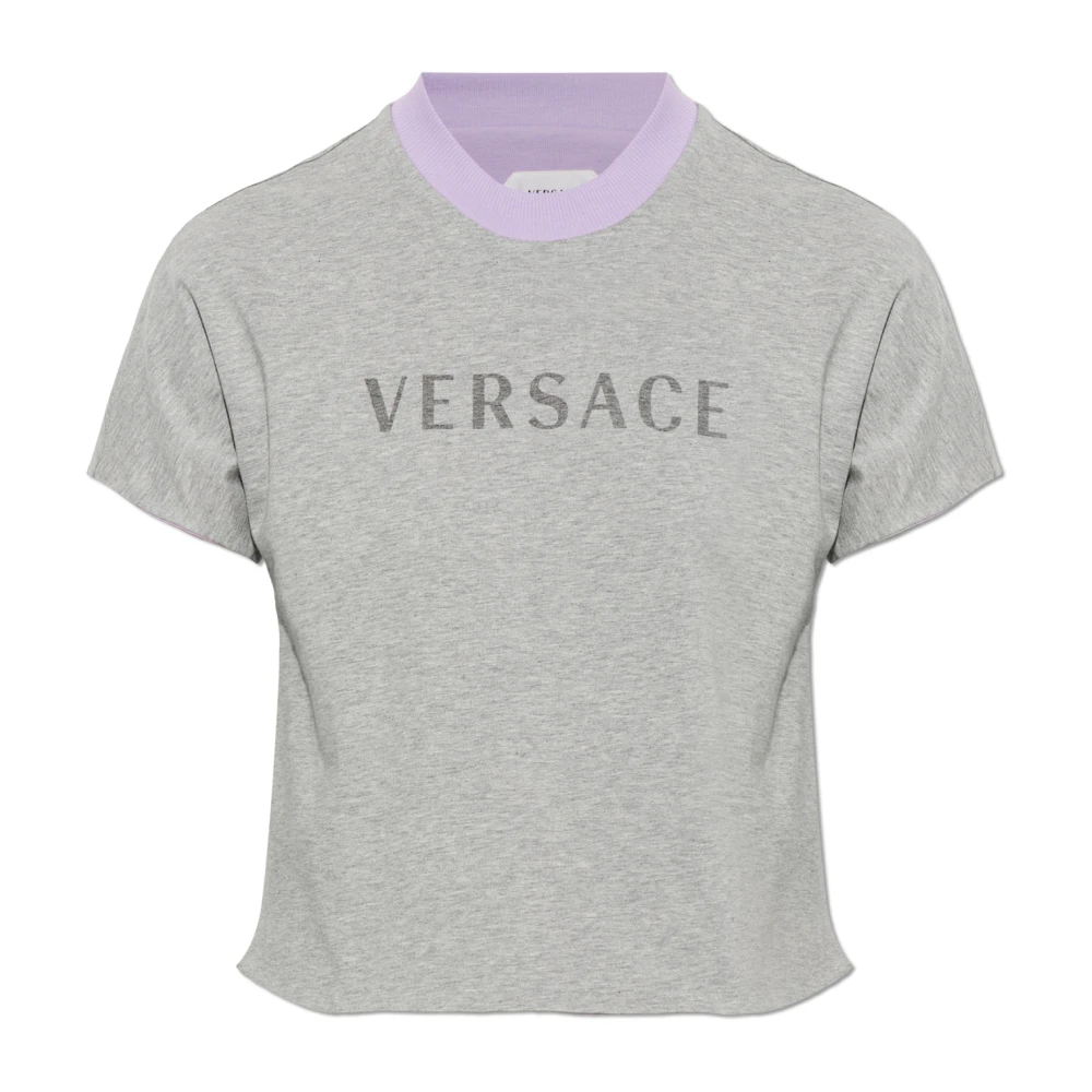 Versace Damen Grau - Bedrucktes Stretch-Baumwoll-Jersey-T-Shirt - Tops - S