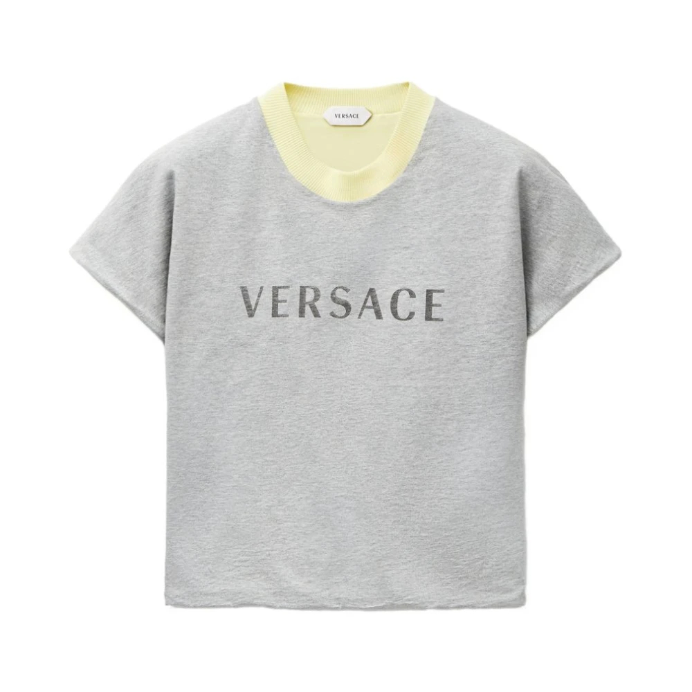 Versace Damen Grau - Bedrucktes Stretch-Baumwoll-Jersey-T-Shirt - Tops - S