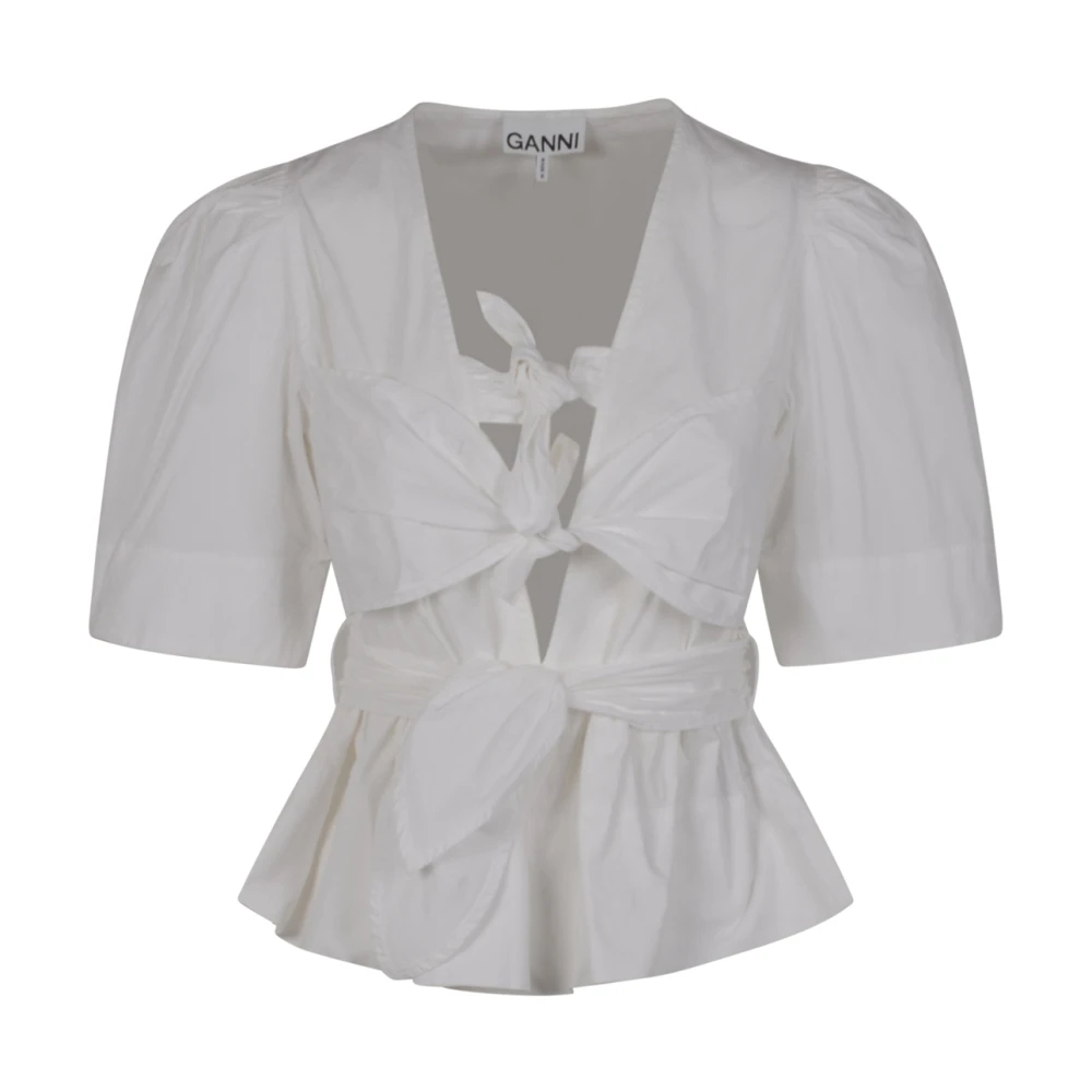 Ganni - Washed Stretch Cotton Tie Strap Blouse - Blouses & Shirts - Damen - Weiß - S - Bild 5