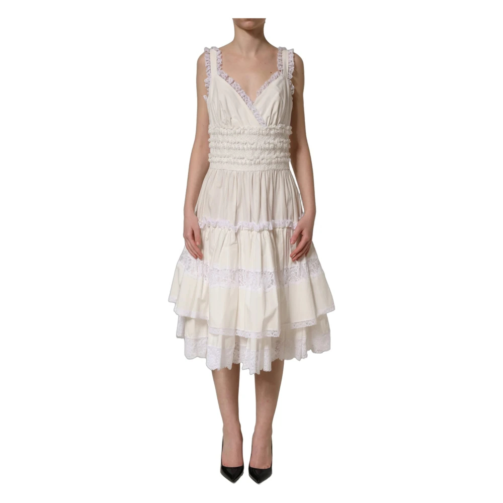 Dolce & Gabbana Damen Weiß - Midi-Kleid Aus Baumwollpopeline Mit Rüschen - Dresses - 2XS