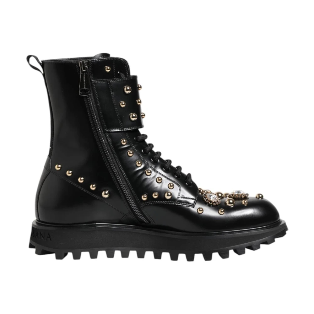 Dolce & Gabbana Herren Schwarz - Studded Lace-Up Leder Mid Calf Stiefel - Shoes - K -43 Eu