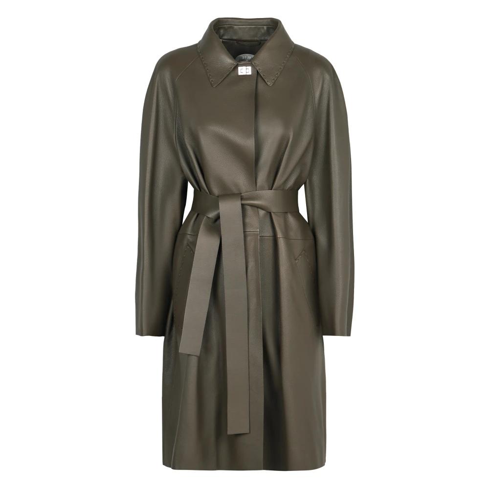 Fendi Damen Grün - Lange Jacke Aus Hirschleder Mit Gürtel - Coats - S