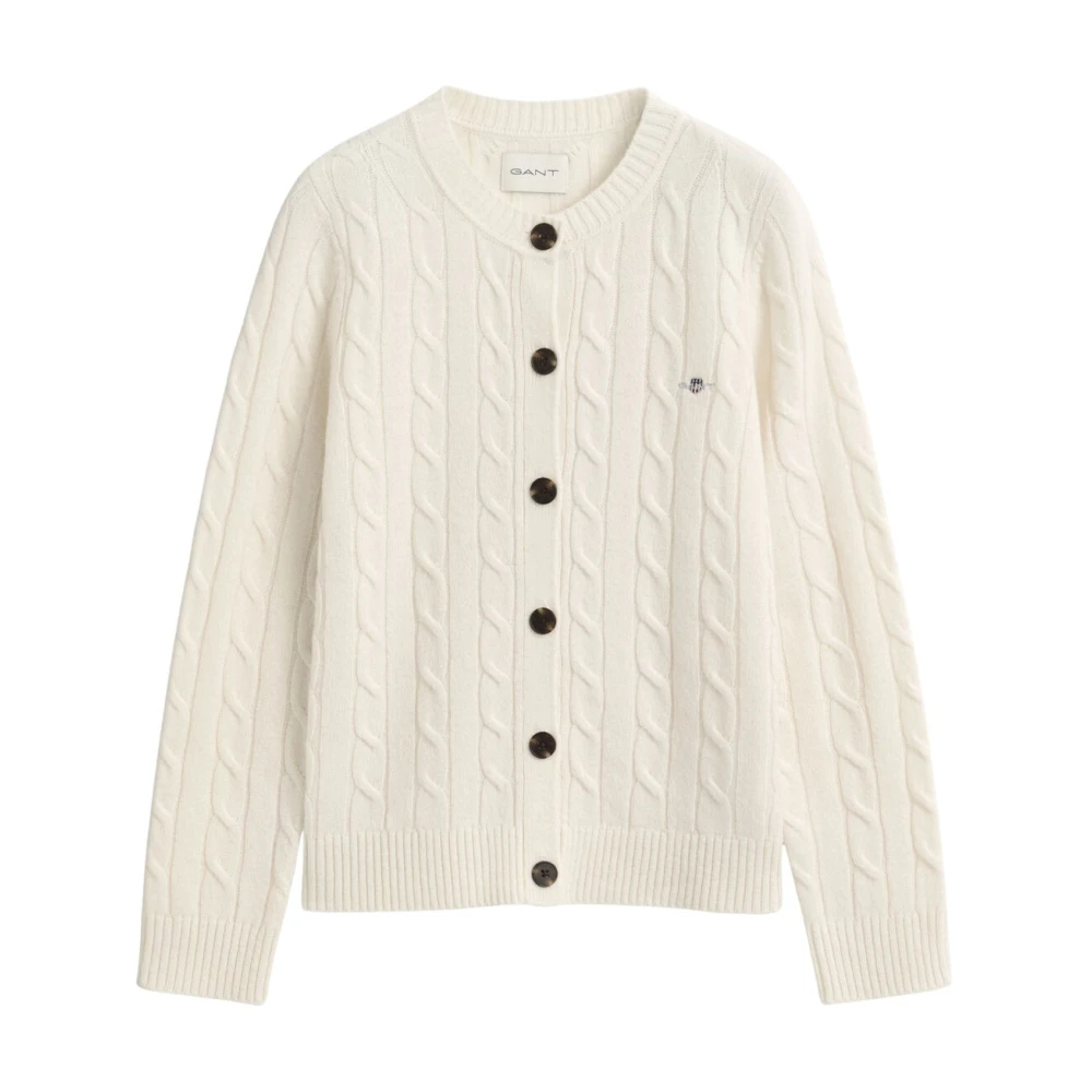 Gant Damen Weiß Strickjacke Aus Lammwolle Mit Zopfmuster In Creme - Bild 7