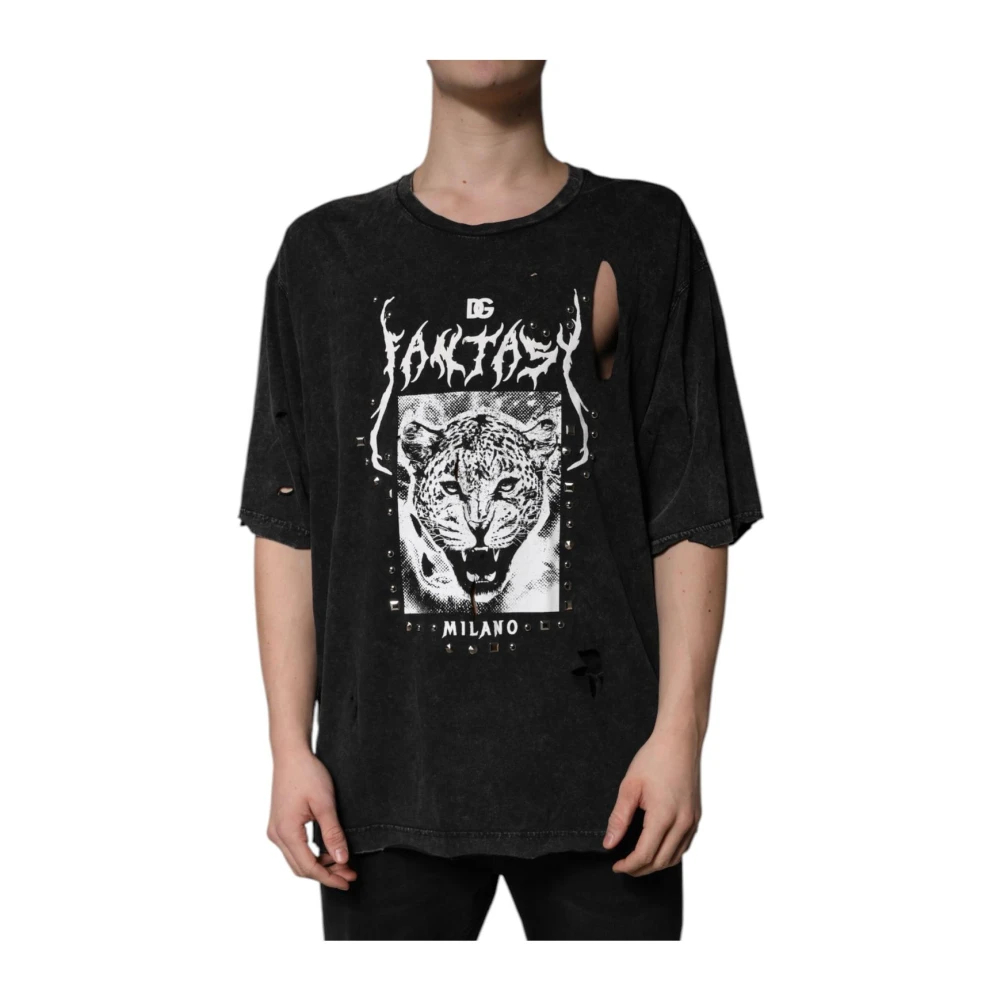Dolce & Gabbana Herren Schwarz - Leoparden Grafik Tee Distressed - Tops - K - Xl
