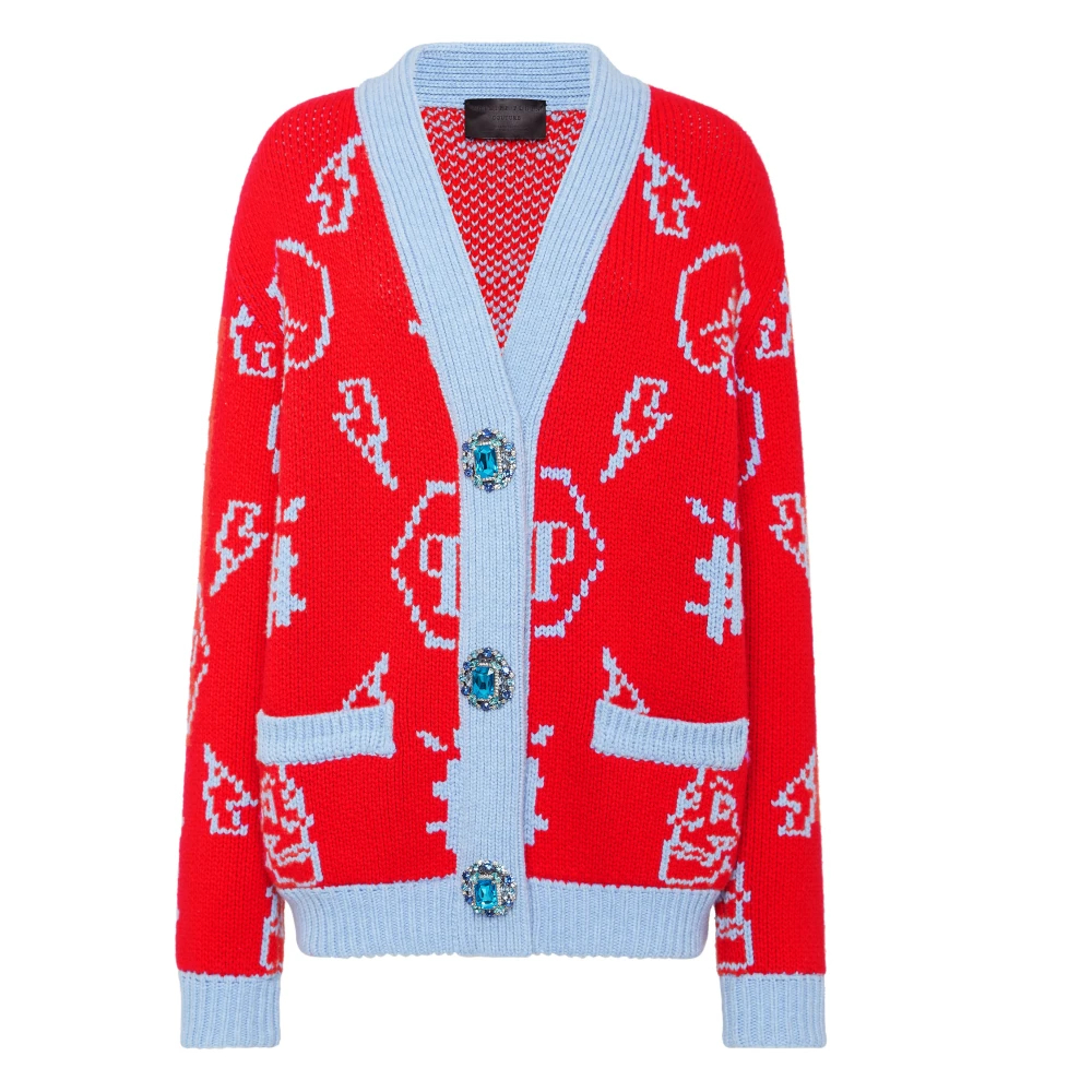 Philipp Plein Damen Rot - Jacquard Cardigan Monogram - Knitwear - L