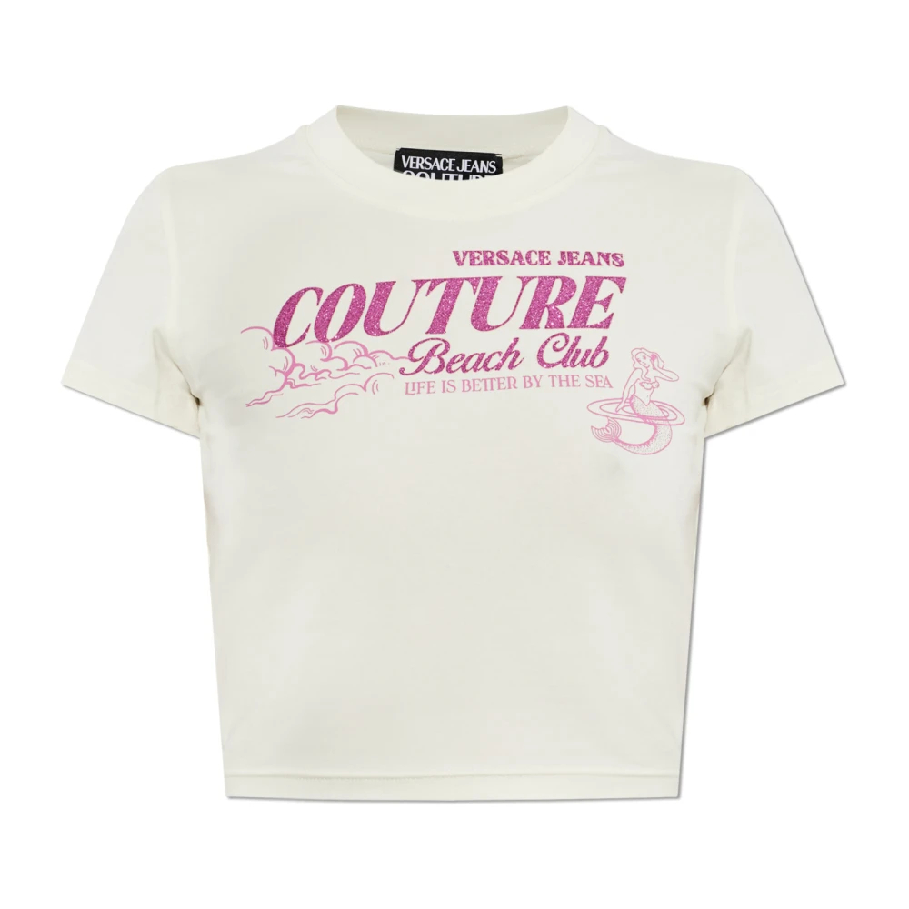 Versace Jeans Couture Damen Beige - Bedrucktes- Verziertes Baumwoll-Jersey-T-Shirt - Tops - L