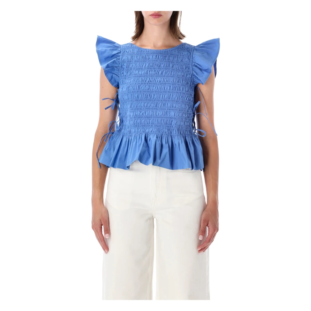 Ganni - Smocked Cotton Top Marina - Blouses & Shirts - Damen - Blau - S